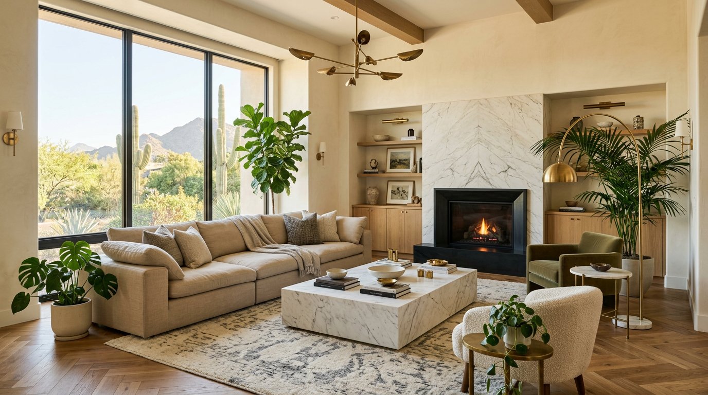 Renovated luxury living room with oak floors and brass lighting in Scottsdale