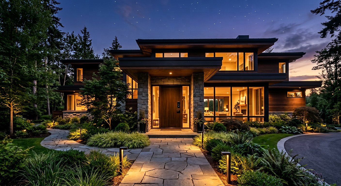 Luxury home with discreet security lighting at dusk